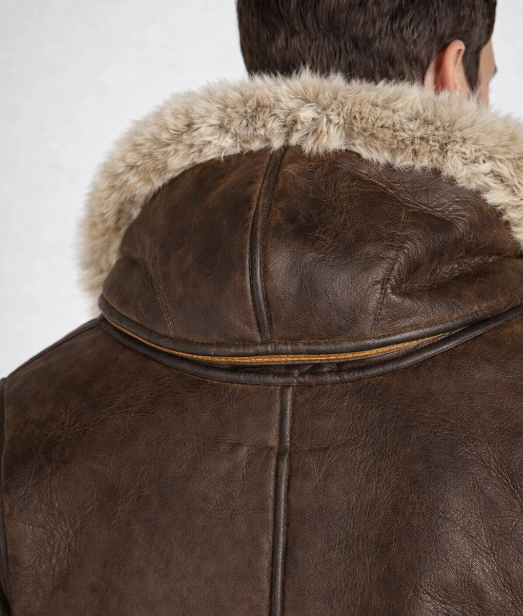 Augustus Men's Brown B3 Bomber Faux Fur Shearling Trim Hooded Leather Jacket | Men's Brown B3 Bomber Faux Fur Shearling Trim Hooded Leather Jacket-6
