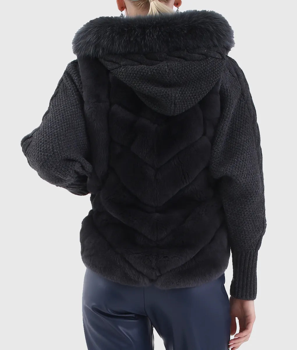 Benny Women Black Trimmed Rex Rabbit Fur Jacket