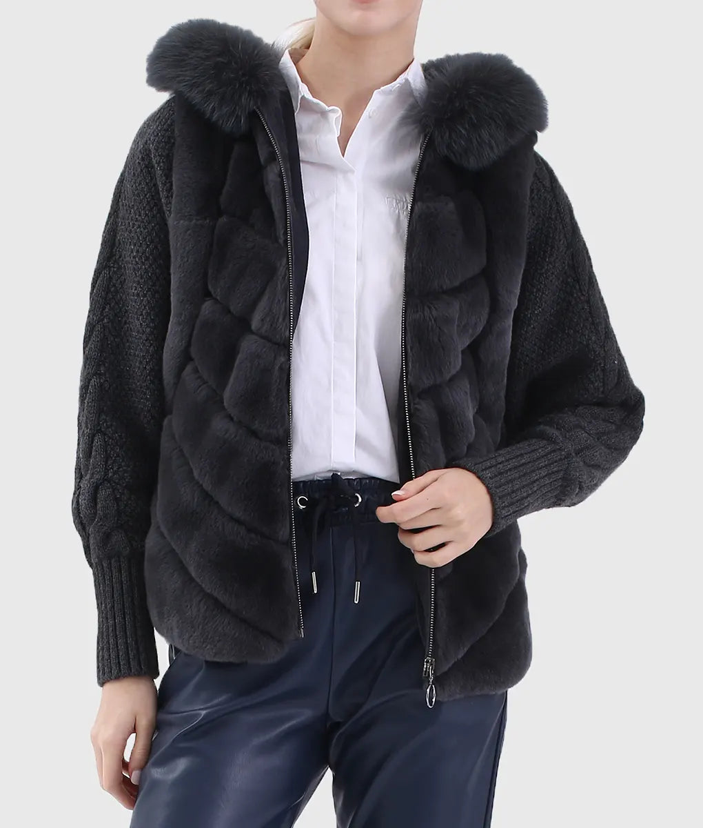 Benny Women Black Trimmed Rex Rabbit Fur Jacket