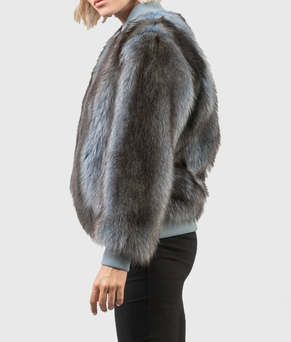 Bobie Women Blue Raccoon Fur Bomber Jacket