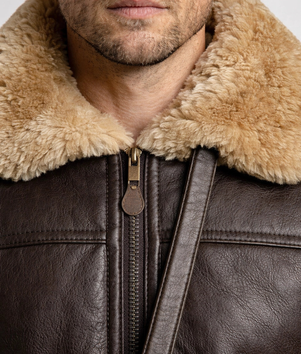 Brooks Men's Faux Fur Shearling Trim Dark Brown Leather Bomber Jacket | Men's Faux Fur Shearling Trim Dark Brown Leather Bomber Jacket-5