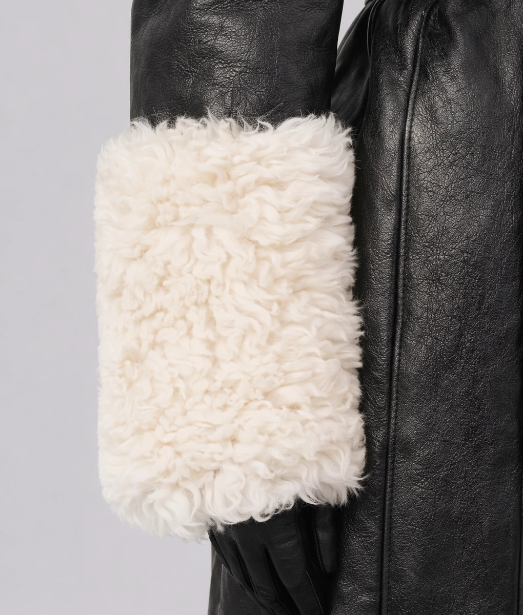Camilla Women's Black Leather White Faux Fur Trim Coat