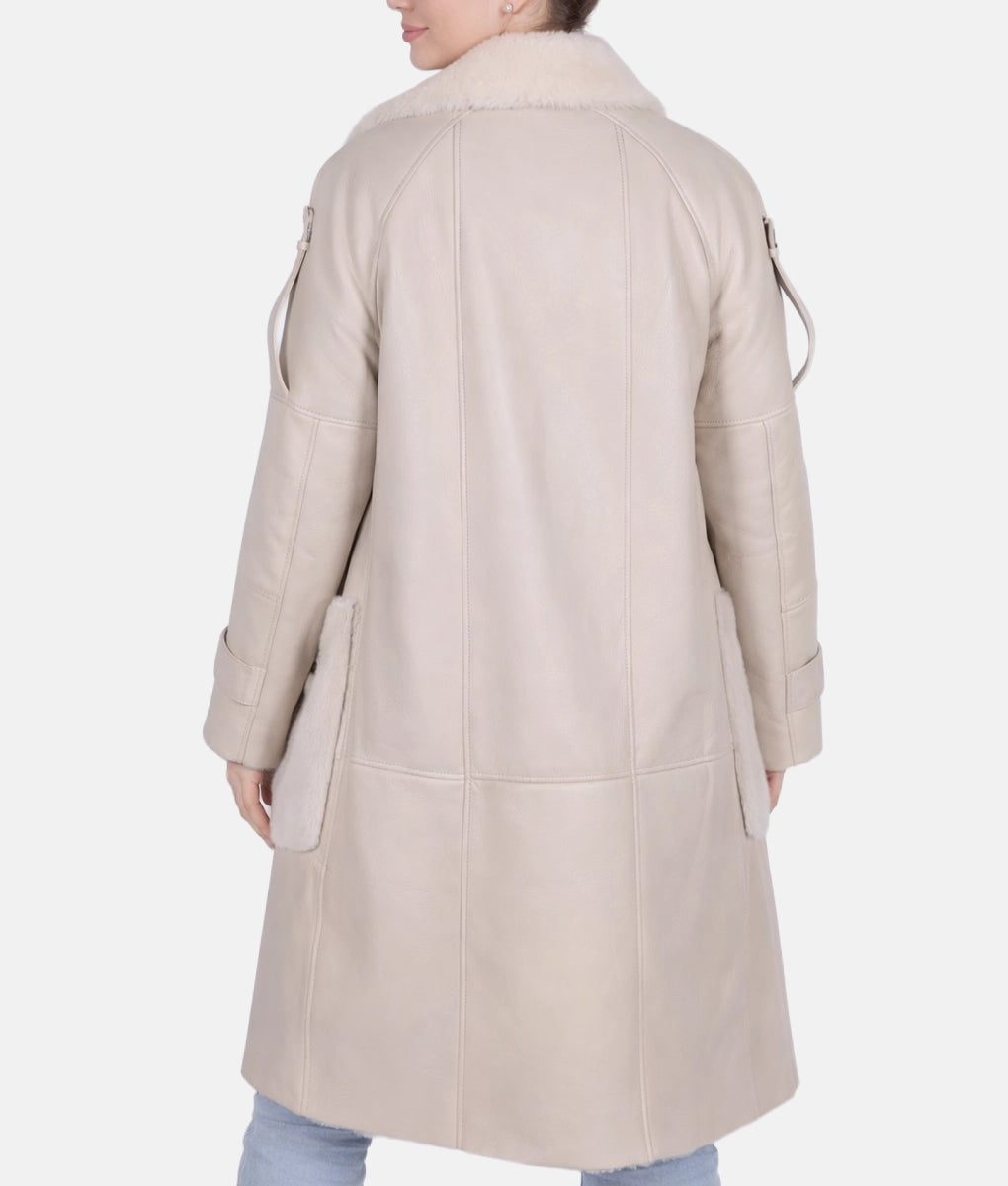 Casey Women's Stone White Faux Fur Shearling Zipper Leather Coat | Women's Stone White Faux Fur Shearling Zipper Leather Coat-3
