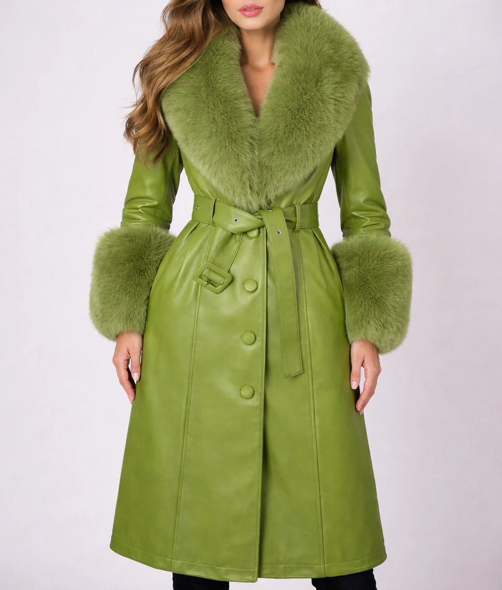 Claire Women's Green Leather Faux Fur Trim Trench Coat| Real Fur Store