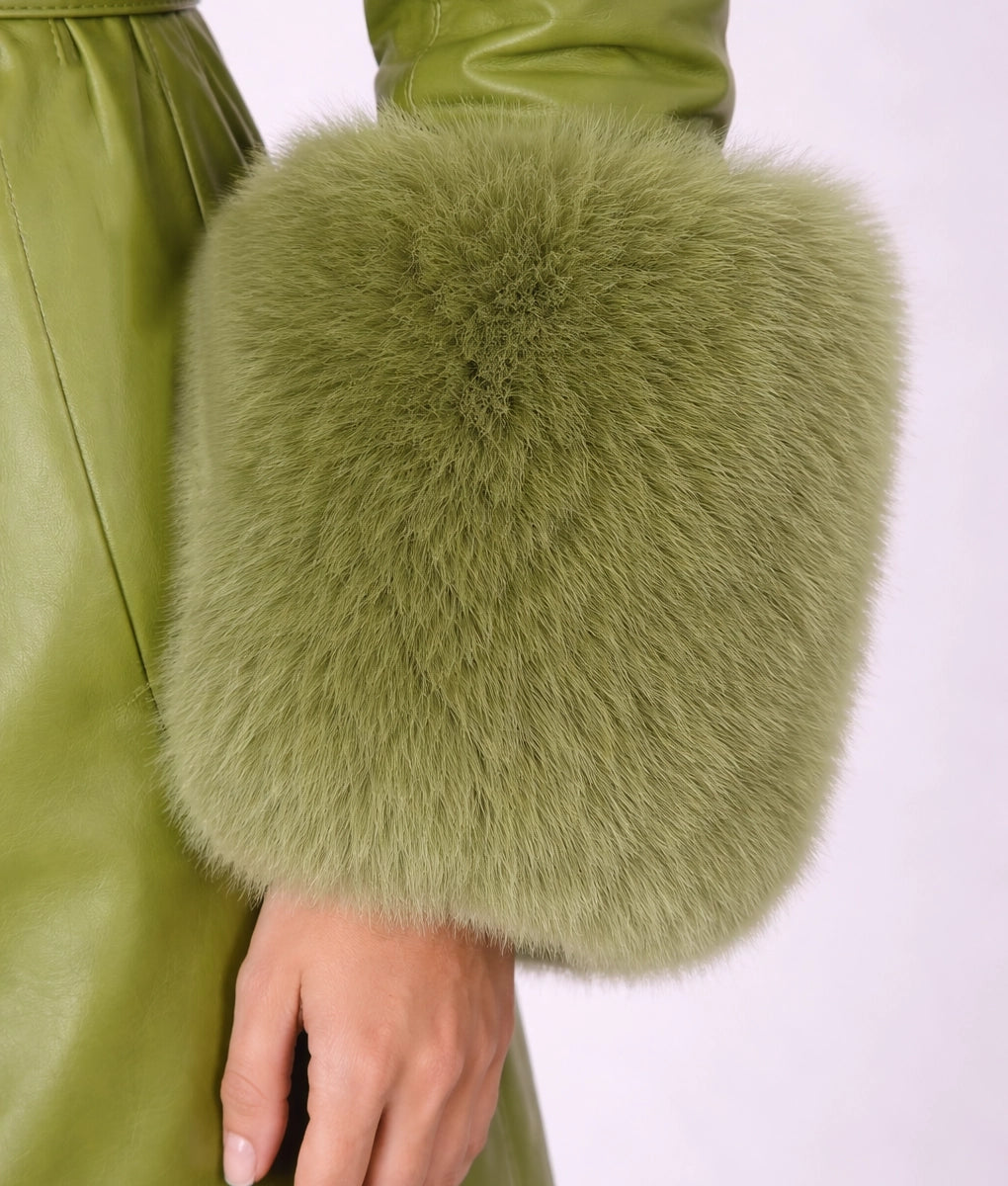 Claire Women's Green Leather Faux Fur Trim Trench Coat