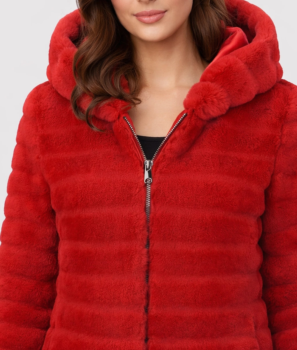 Corrie Women's Red Plush Hooded Faux Fur Coat