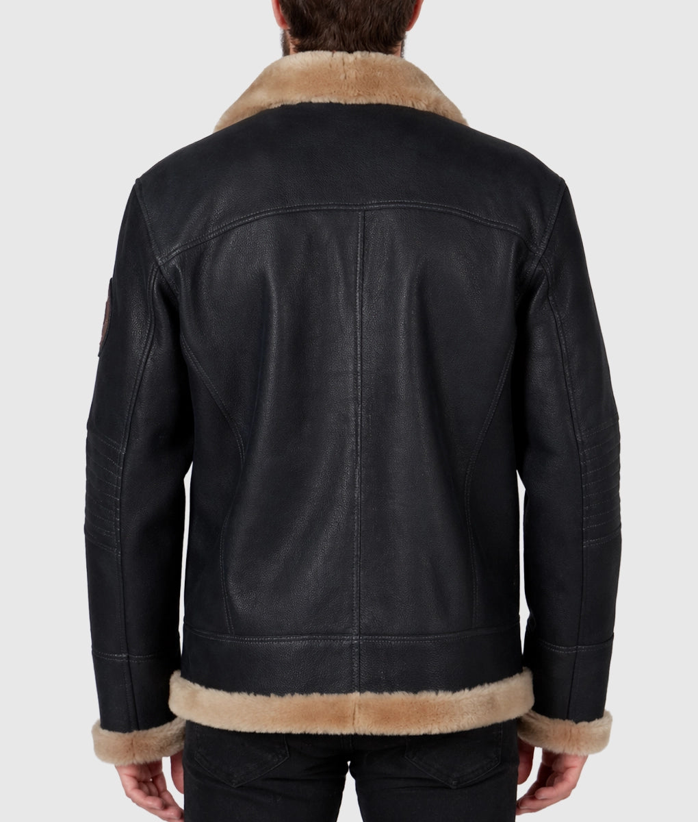 Cret Men's Black Aviator Faux Fur Brown Shearling Trim Collar Leather Jacket | Men's Black Aviator Faux Fur Brown Shearling Trim Collar Leather Jacket-3