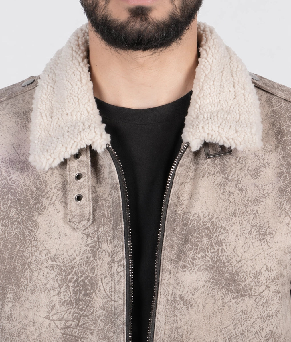Deus Men's Distressed Brown Aviator Faux Fur Shearling Trim Collar Suede Jacket | Men's Distressed Brown Aviator Faux Fur Shearling Trim Collar Suede Jacket-3