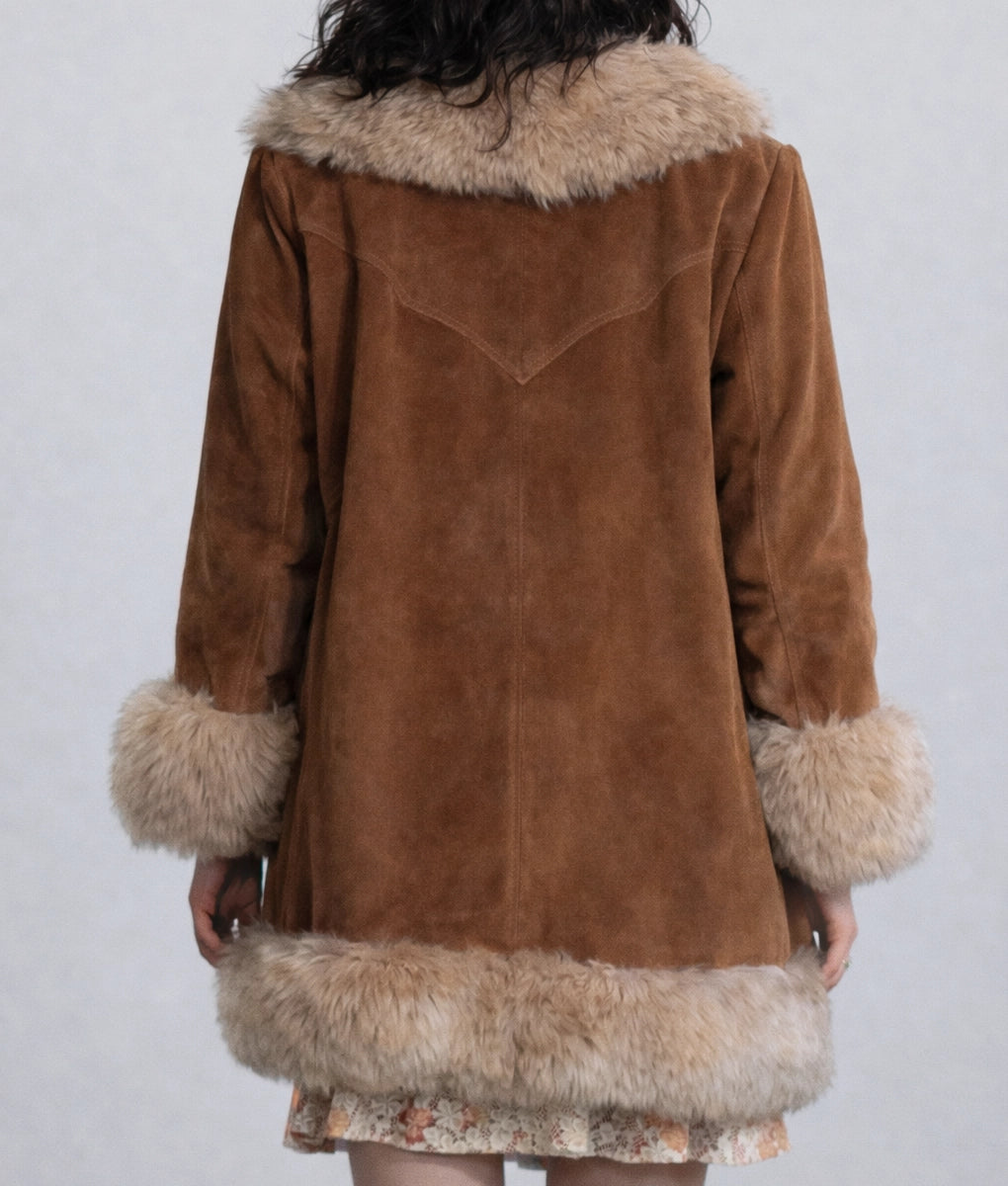 Jenny Women's Brown Faux Fur Trim Suede Leather Coat | Women's Brown Faux Fur Trim Suede Leather Coat-4