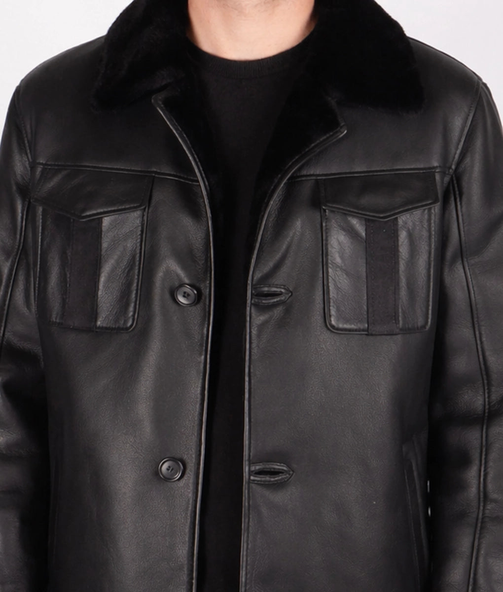 Jim Men's Black Faux Fur Shearling Lining Leather Coat | Men's Black Faux Fur Shearling Lining Leather Coat-14