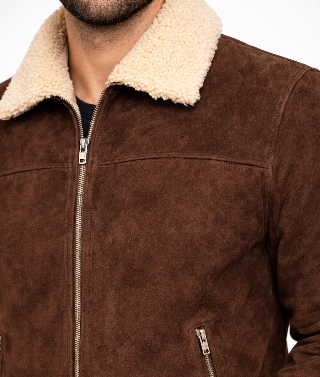 Jim Men's Dark Brown Suede Faux Fur Shearling Trim Jacket