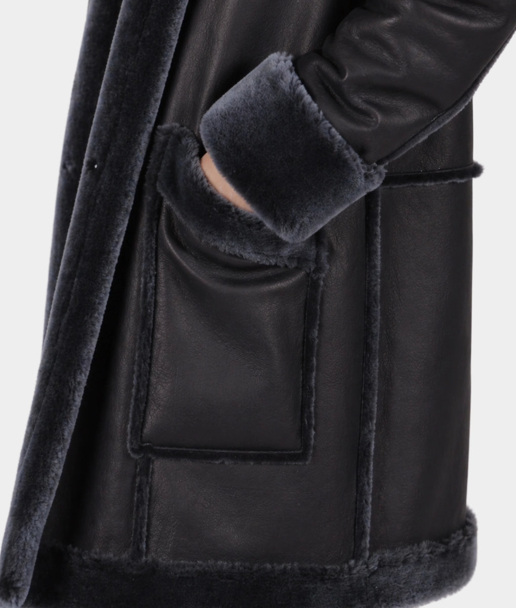 Lily Women's Black Faux Fur Shearling Lining Leather Car Coat | Women's Black Faux Fur Shearling Lining Leather Car Coat-4