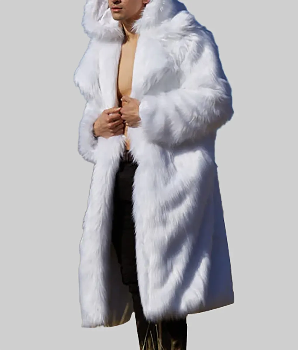 Vennie Men White Hooded Faux Fur Coat - Men's White Hooded Faux Fur Coat-3