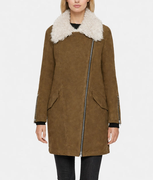 Angela Women's Faux Fur Shearling Collared Assymetrical Zipper Suede Jacket | Women's Faux Fur Shearling Collared Zipper Suede Jacket-2