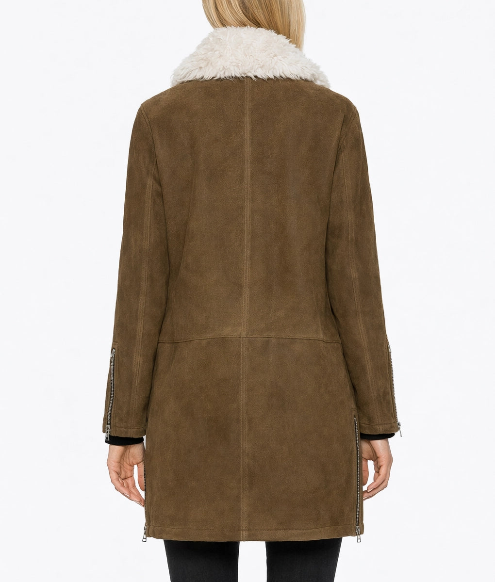 Angela Women's Faux Fur Shearling Collared Assymetrical Zipper Suede Jacket | Women's Faux Fur Shearling Collared Zipper Suede Jacket-4