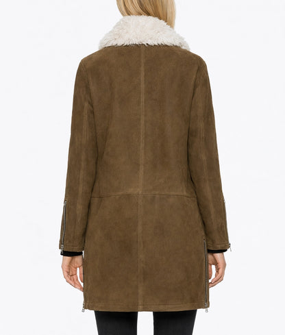 Angela Women's Faux Fur Shearling Collared Assymetrical Zipper Suede Jacket | Women's Faux Fur Shearling Collared Zipper Suede Jacket-4