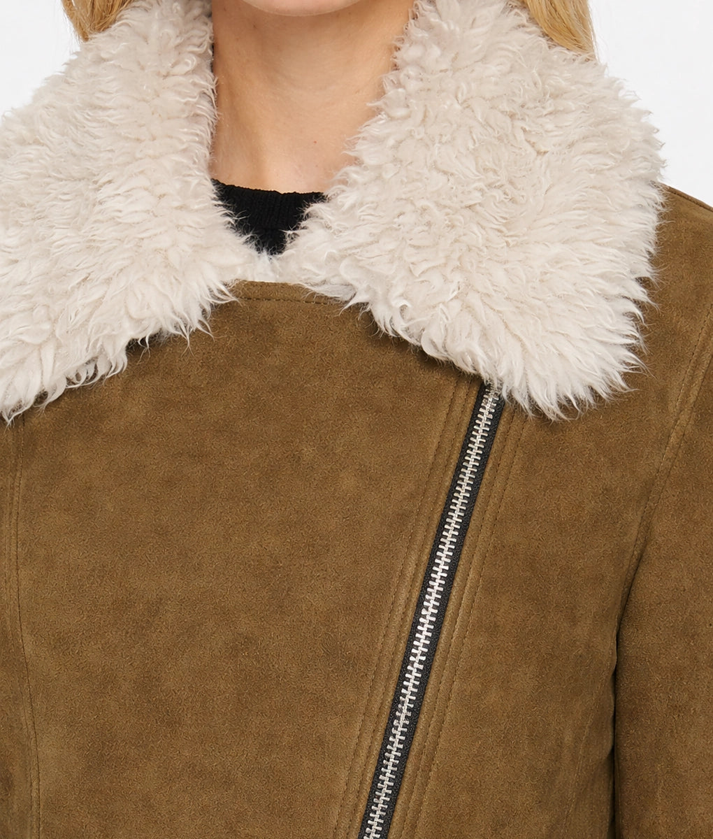 Angela Women's Faux Fur Shearling Collared Assymetrical Zipper Suede Jacket | Women's Faux Fur Shearling Collared Zipper Suede Jacket-5