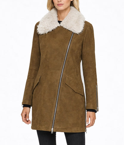 Angela Women's Faux Fur Shearling Collared Assymetrical Zipper Suede Jacket | Women's Faux Fur Shearling Collared Zipper Suede Jacket-1