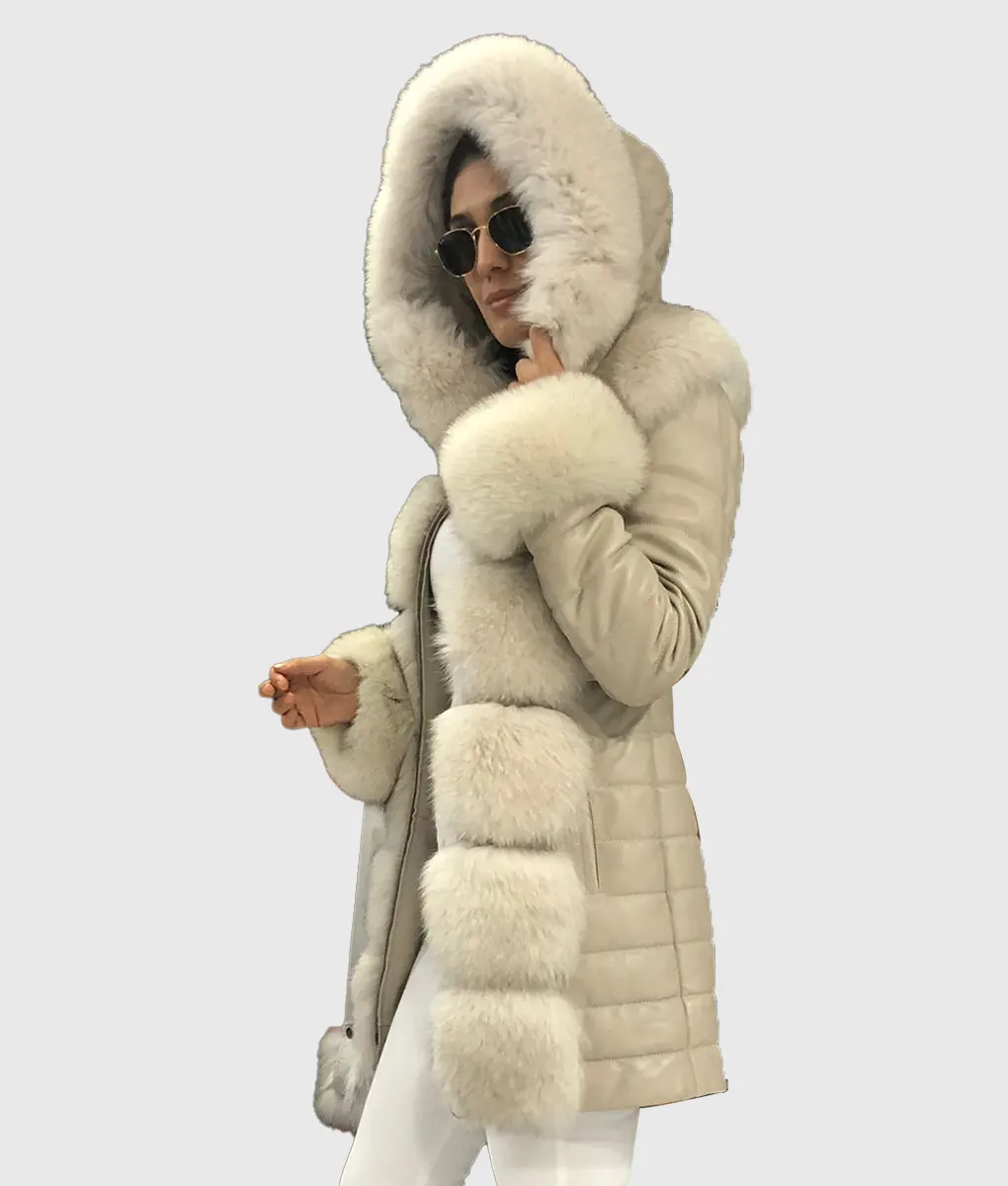 Anilson Women White Fox Fur Coat Long Trim With Hood-3