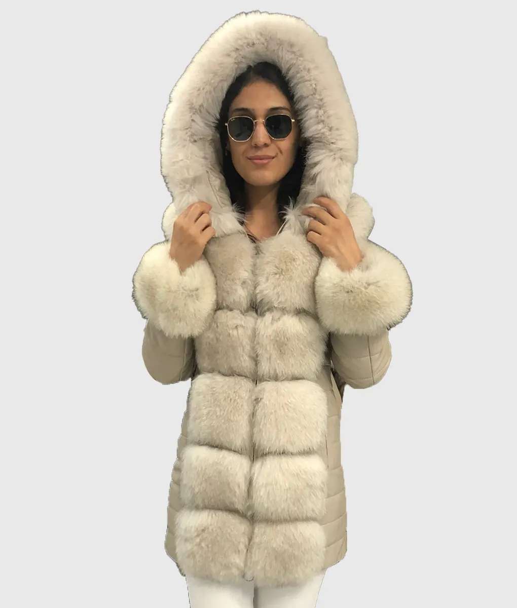 Anilson Women White Fox Fur Coat Long Trim With Hood-2