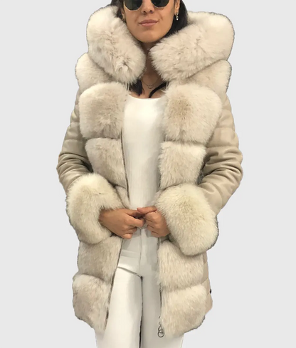 Anilson Women White Fox Fur Coat Long Trim With Hood-1