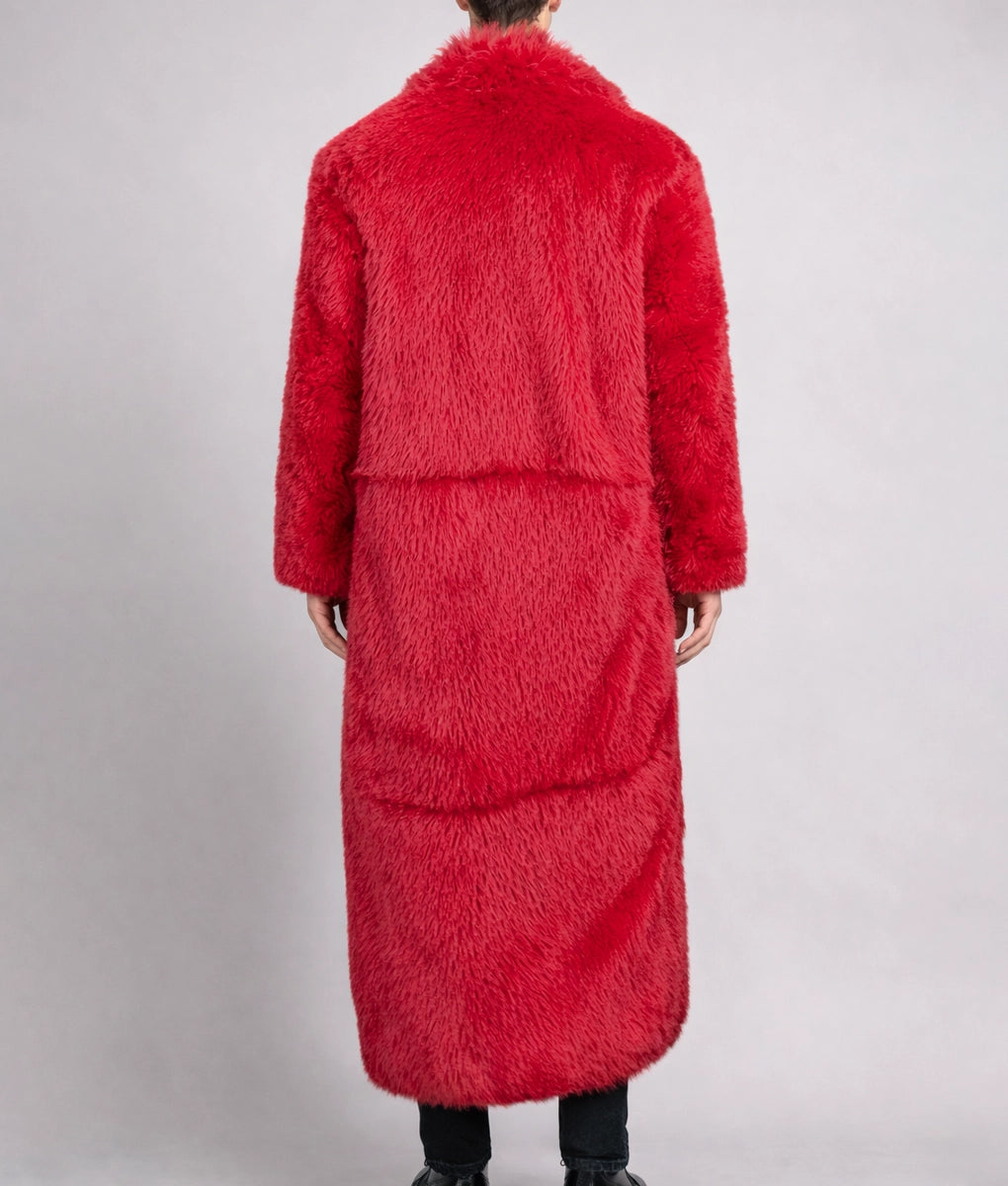 Archie Men's Red Faux Fur Open Style Long Coat | Men's Red Faux Fur Open Style Long Coat-3
