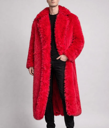 Archie Men's Red Faux Fur Open Style Long Coat | Men's Red Faux Fur Open Style Long Coat-2