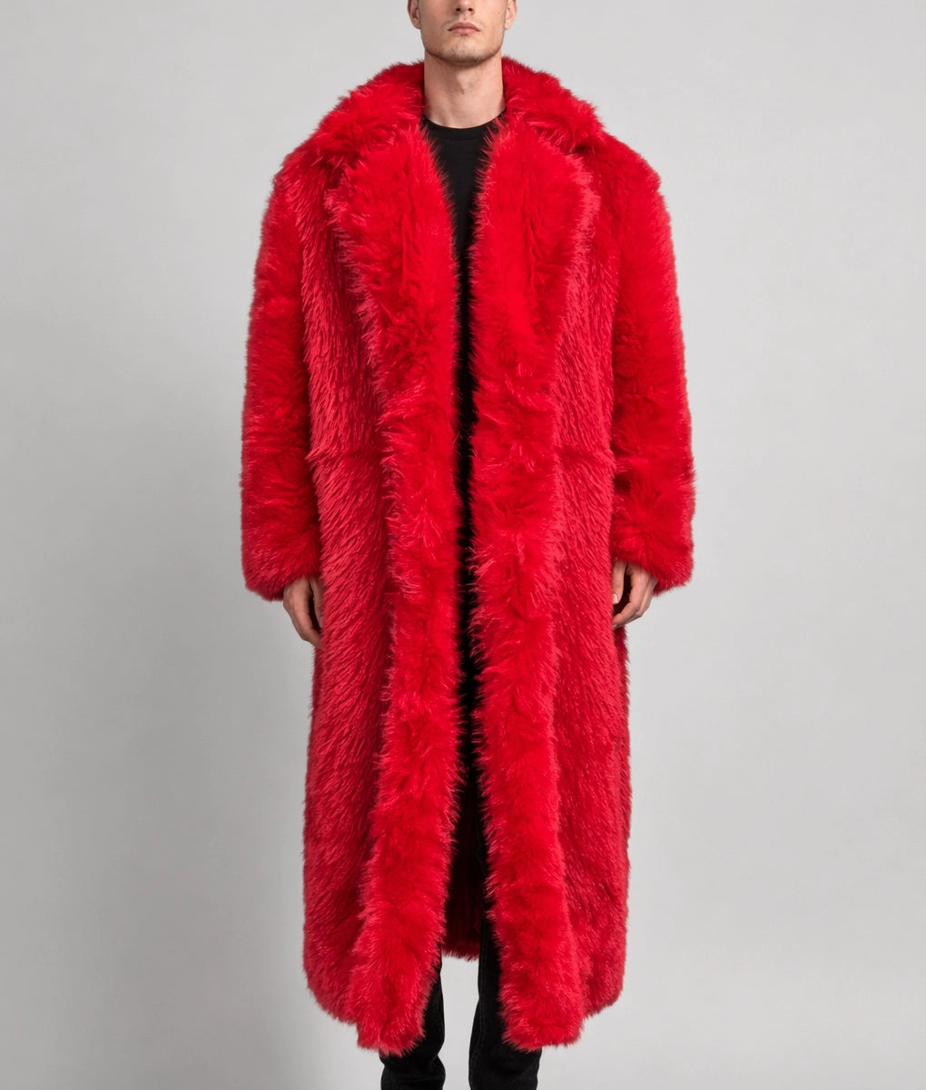 Archie Men's Red Faux Fur Open Style Long Coat | Men's Red Faux Fur Open Style Long Coat-1