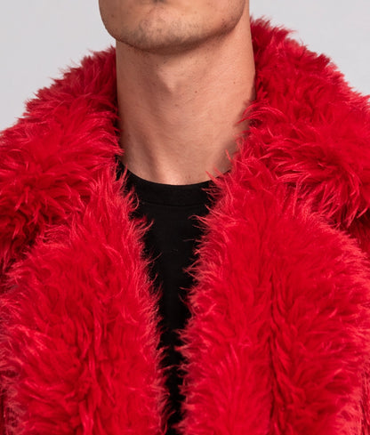 Archie Men's Red Faux Fur Open Style Long Coat | Men's Red Faux Fur Open Style Long Coat-4