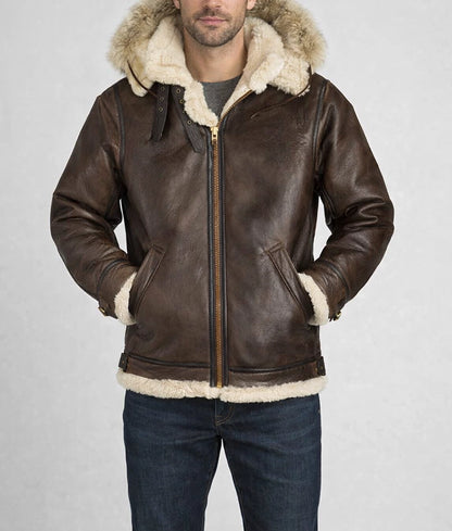 Augustus Men's Brown B3 Bomber Faux Fur Shearling Trim Hooded Leather Jacket | Men's Brown B3 Bomber Faux Fur Shearling Trim Hooded Leather Jacket-1