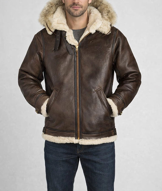 Augustus Men's Brown B3 Bomber Faux Fur Shearling Trim Hooded Leather Jacket | Men's Brown B3 Bomber Faux Fur Shearling Trim Hooded Leather Jacket-1