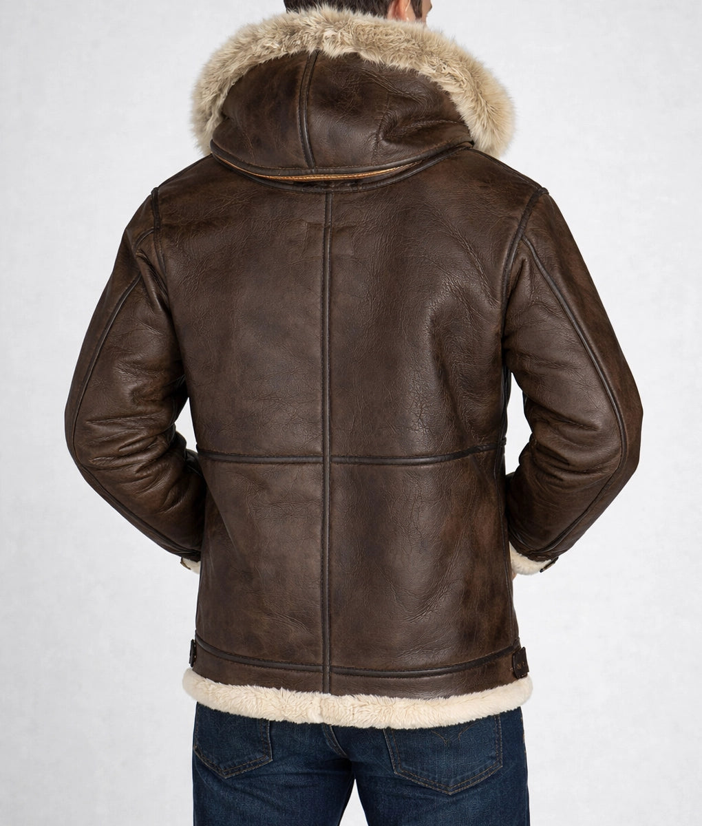 Augustus Men's Brown B3 Bomber Faux Fur Shearling Trim Hooded Leather Jacket | Men's Brown B3 Bomber Faux Fur Shearling Trim Hooded Leather Jacket-3