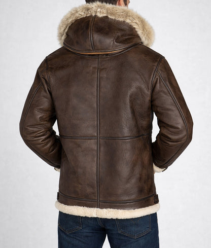 Augustus Men's Brown B3 Bomber Faux Fur Shearling Trim Hooded Leather Jacket | Men's Brown B3 Bomber Faux Fur Shearling Trim Hooded Leather Jacket-3