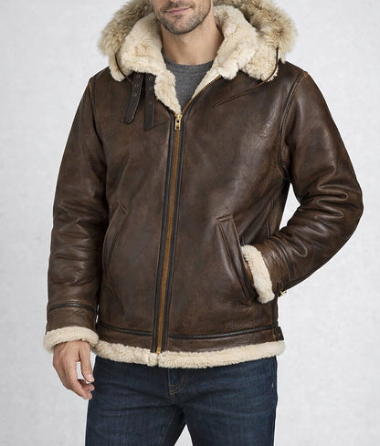 Augustus Men's Brown B3 Bomber Faux Fur Shearling Trim Hooded