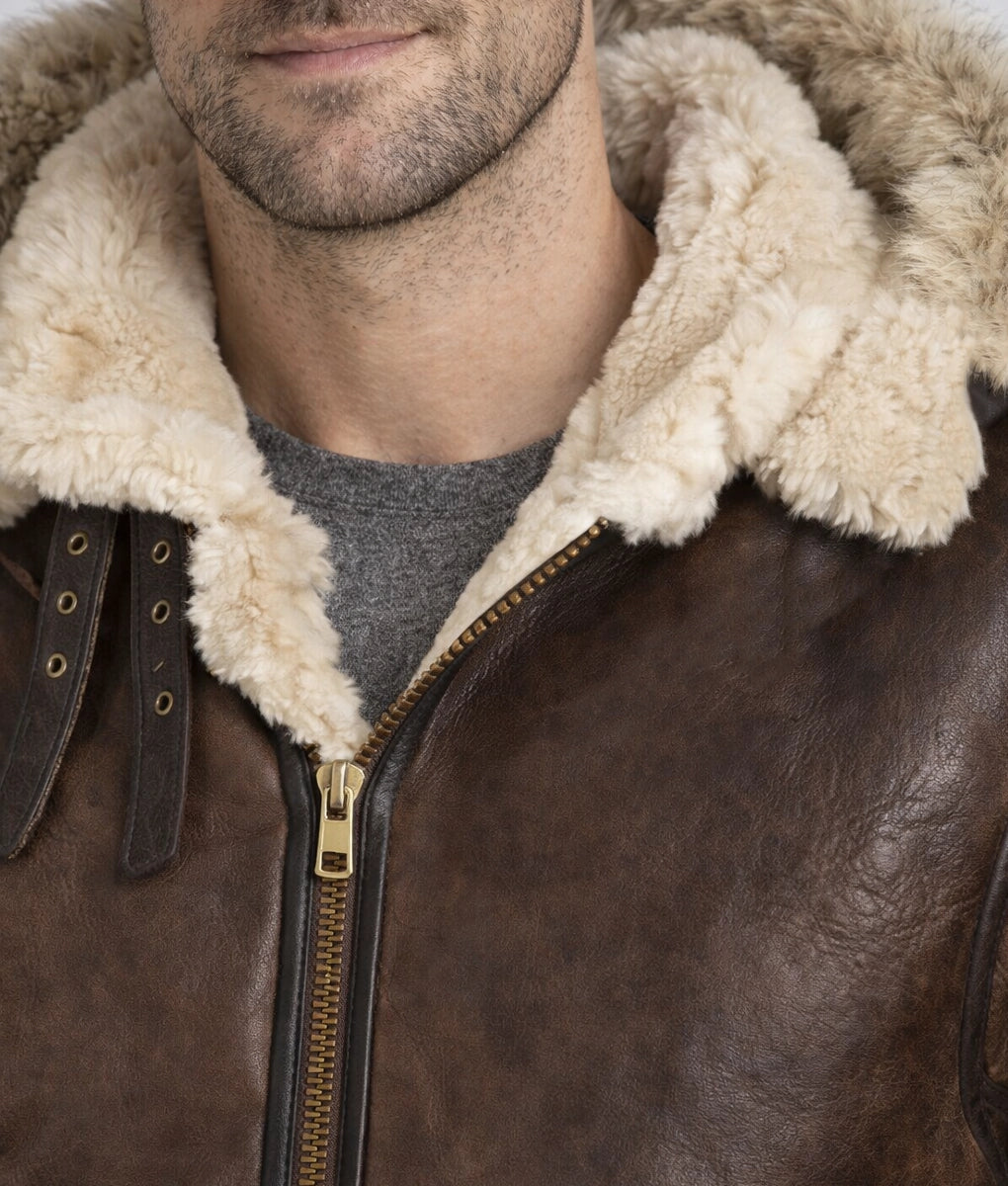 Augustus Men's Brown B3 Bomber Faux Fur Shearling Trim Hooded Leather Jacket | Men's Brown B3 Bomber Faux Fur Shearling Trim Hooded Leather Jacket-4