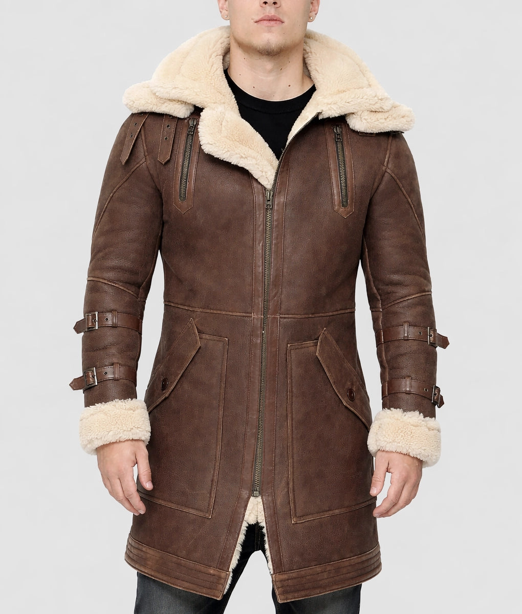 Augustus Men's Brown B6 Bomber Faux Fur Shearling Trim Hooded Long Leather Jacket | Men's Brown B6 Bomber Faux Fur Shearling Trim Hooded Long Leather Jacket-1