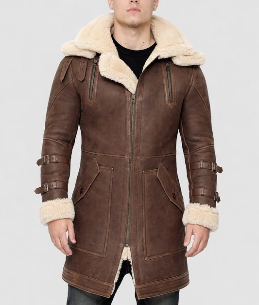 Augustus Men's Brown B6 Bomber Faux Fur Shearling Trim Hooded Long Leather Jacket | Men's Brown B6 Bomber Faux Fur Shearling Trim Hooded Long Leather Jacket-1