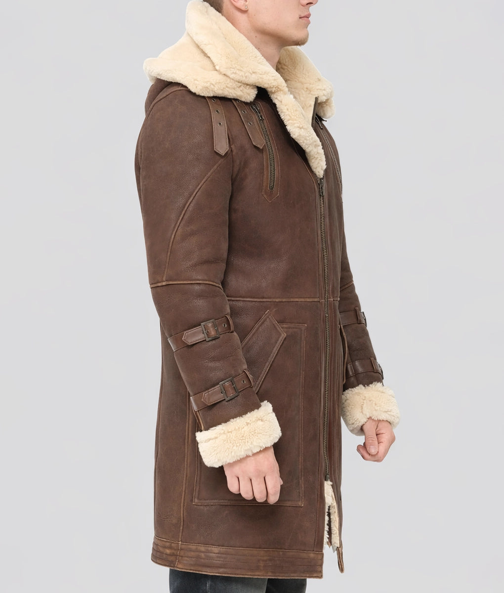 Augustus Men's Brown B6 Bomber Faux Fur Shearling Trim Hooded Long Leather Jacket | Men's Brown B6 Bomber Faux Fur Shearling Trim Hooded Long Leather Jacket-2