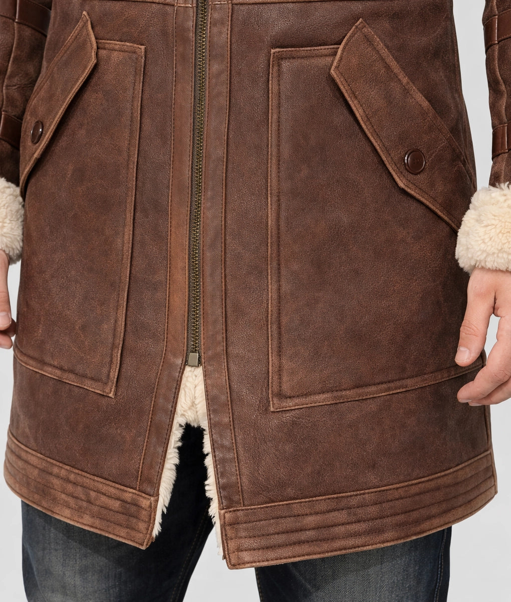 Augustus Men's Brown B6 Bomber Faux Fur Shearling Trim Hooded Long Leather Jacket | Men's Brown B6 Bomber Faux Fur Shearling Trim Hooded Long Leather Jacket-4