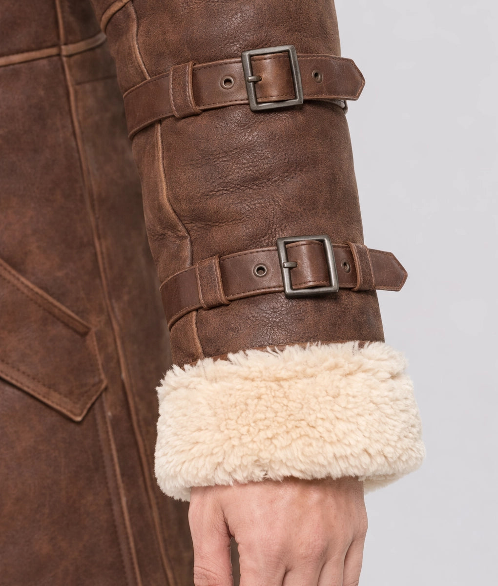 Augustus Men's Brown B6 Bomber Faux Fur Shearling Trim Hooded Long Leather Jacket | Men's Brown B6 Bomber Faux Fur Shearling Trim Hooded Long Leather Jacket-5