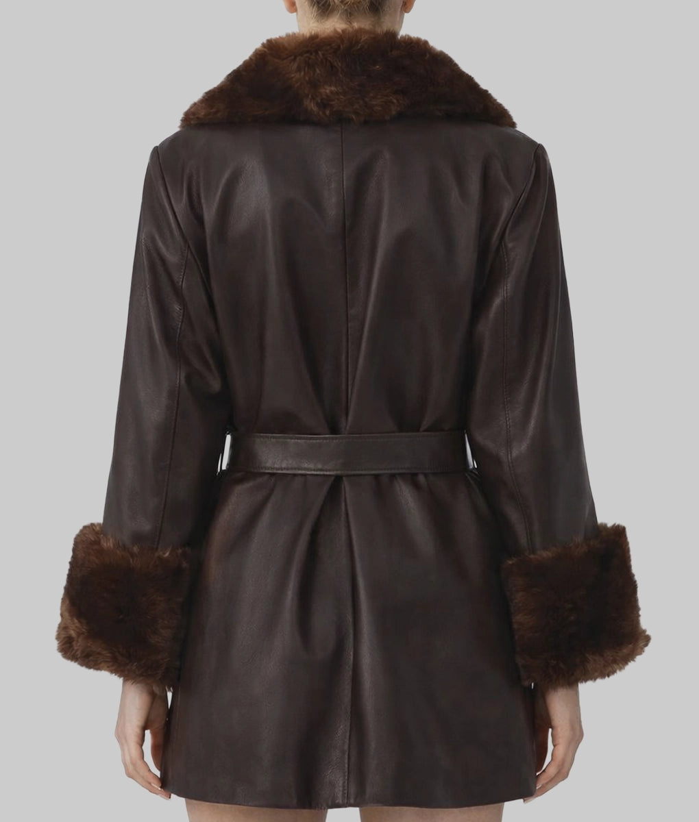 Barbarra Women's Faux Fur Shearling Trim Dark Brown Leather Open Style Coat | Women's Faux Fur Shearling Trim Dark Brown Leather Open Style Coat-4