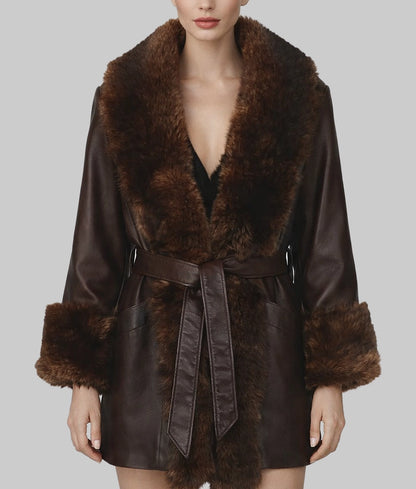 Barbarra Women's Faux Fur Shearling Trim Dark Brown Leather Open Style Coat | Women's Faux Fur Shearling Trim Dark Brown Leather Open Style Coat-1