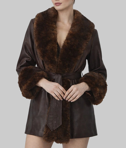 Barbarra Women's Faux Fur Shearling Trim Dark Brown Leather Open Style Coat | Women's Faux Fur Shearling Trim Dark Brown Leather Open Style Coat-2