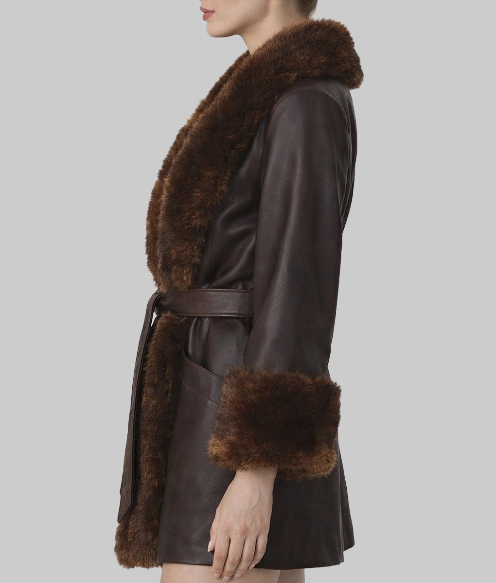 Barbarra Women's Faux Fur Shearling Trim Dark Brown Leather Open Style Coat | Women's Faux Fur Shearling Trim Dark Brown Leather Open Style Coat-3
