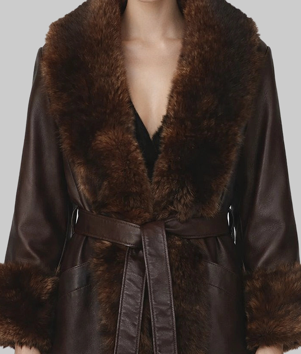 Barbarra Women's Faux Fur Shearling Trim Dark Brown Leather Open Style Coat | Women's Faux Fur Shearling Trim Dark Brown Leather Open Style Coat-6