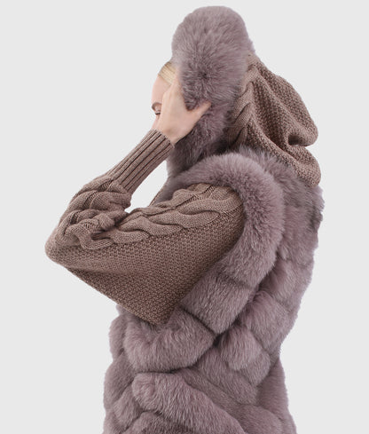 Belinda Women Brown Trimmed Rex Rabbit Hooded Fur Jacket with Fox Fur Collar