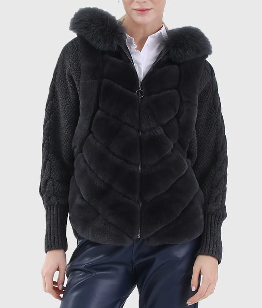 Benny Women Black Trimmed Rex Rabbit Fur Jacket