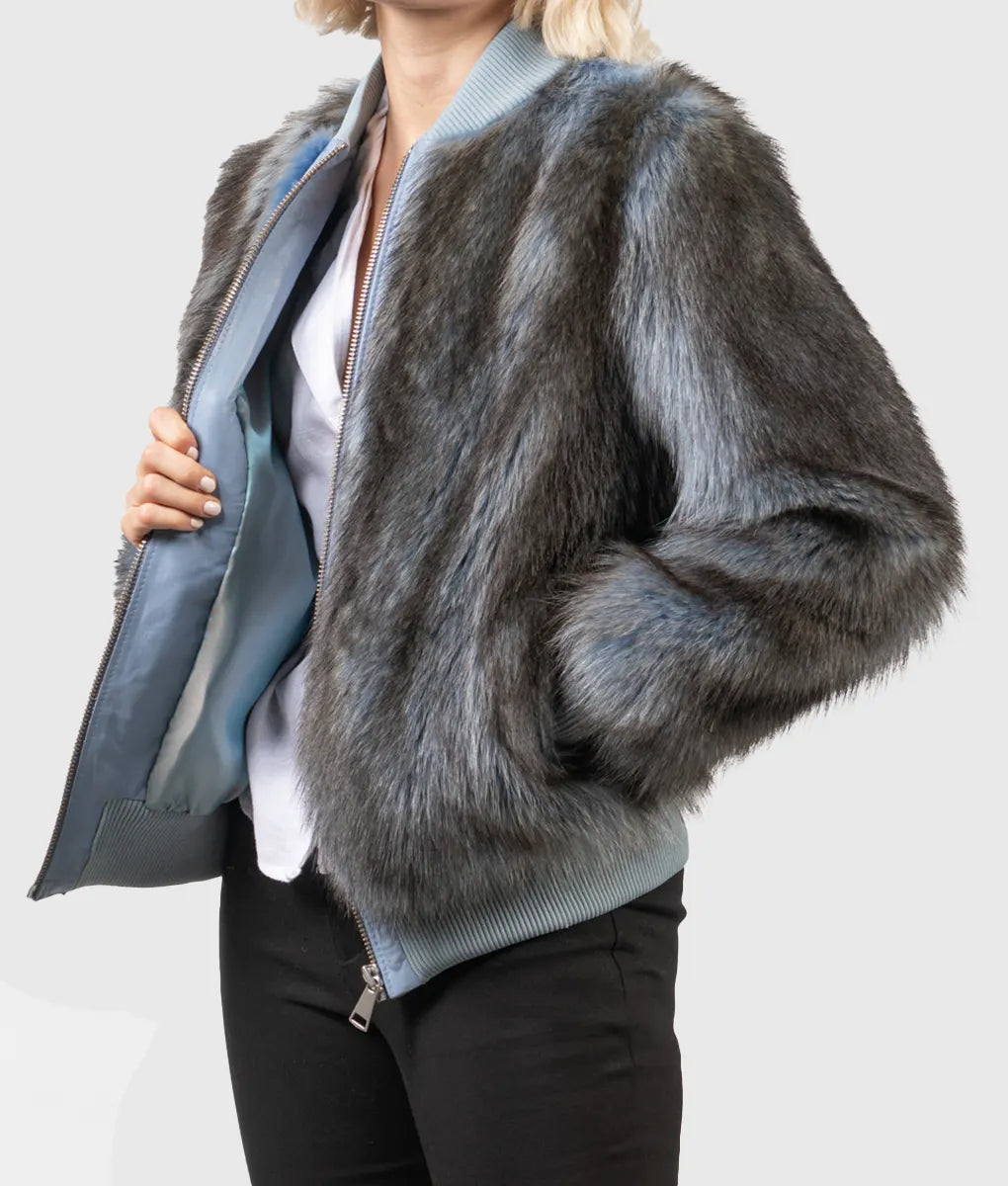 Bobie Women Blue Raccoon Fur Bomber Jacket