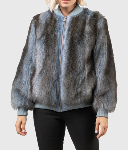 Bobie Women Blue Raccoon Fur Bomber Jacket