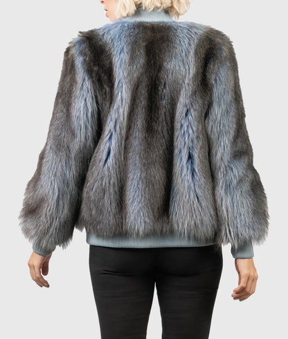 Bobie Women Blue Raccoon Fur Bomber Jacket